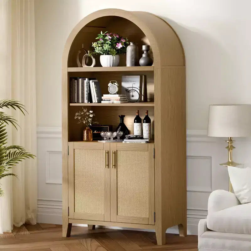 MAYEERTY 63 Tall Arched Storage Cabinet with Beech Wood Door 5 Tier Bookcase for Living Room Dining Room Beige