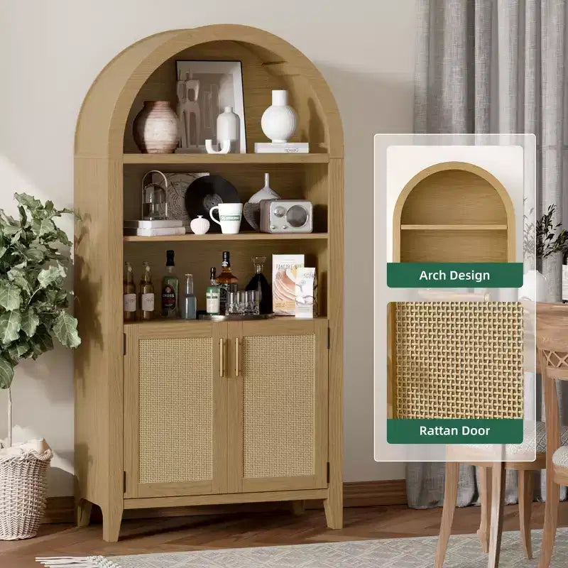 MAYEERTY 63 Tall Arched Storage Cabinet with Beech Wood Door 5 Tier Bookcase for Living Room Dining Room Beige