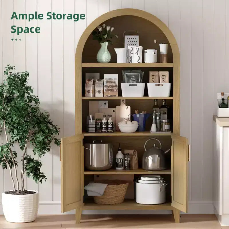 MAYEERTY 63 Tall Arched Storage Cabinet with Beech Wood Door 5 Tier Bookcase for Living Room Dining Room Beige