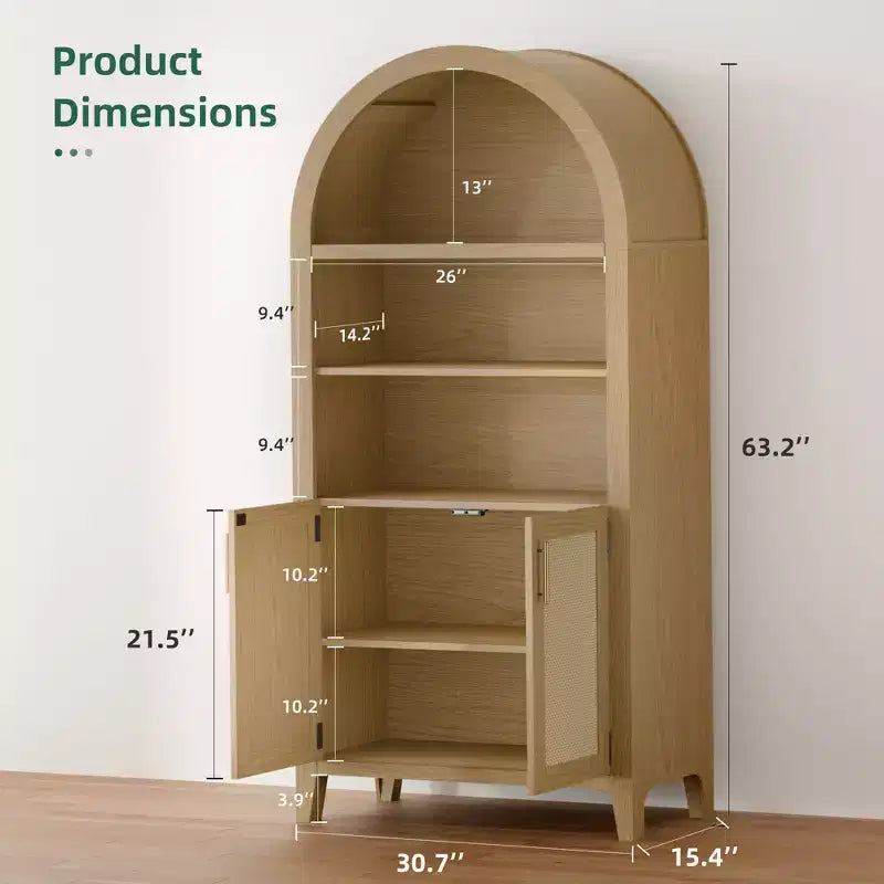 MAYEERTY 63 Tall Arched Storage Cabinet with Beech Wood Door 5 Tier Bookcase for Living Room Dining Room Beige