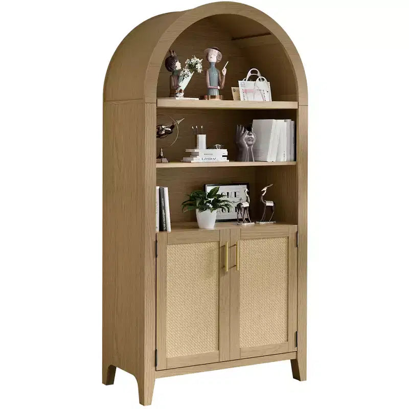 MAYEERTY 63 Tall Arched Storage Cabinet with Beech Wood Door 5 Tier Bookcase for Living Room Dining Room Beige