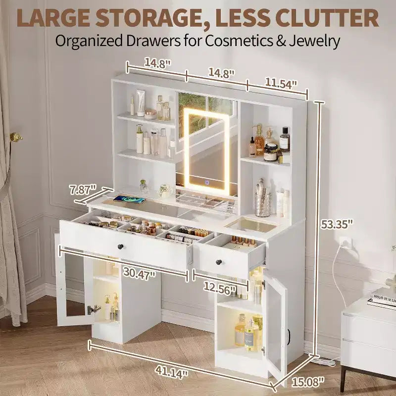 Vanity Desk with Mirror and Lights,Adjustable Brightness Vanity Table with Drawers & Cabinets, Storage,Power Outlet,Makeup Dressing Table