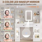 Vanity Desk with Mirror and Lights,Adjustable Brightness Vanity Table with Drawers & Cabinets, Storage,Power Outlet,Makeup Dressing Table