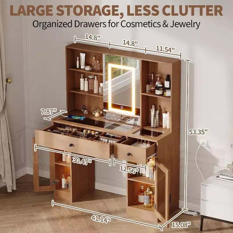 Vanity Desk with Mirror and Lights,Adjustable Brightness Vanity Table with Drawers & Cabinets, Storage,Power Outlet,Makeup Dressing Table