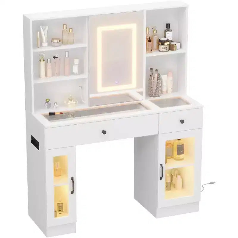 Vanity Desk with Mirror and Lights,Adjustable Brightness Vanity Table with Drawers & Cabinets, Storage,Power Outlet,Makeup Dressing Table