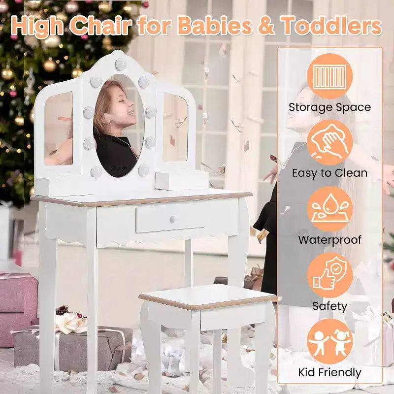Kids Vanity with Lighted Mirror, Little Girls Vanity Table & Stool with Drawers,Open Storage,Suitable for Little Girls 3 Year Old + Gift