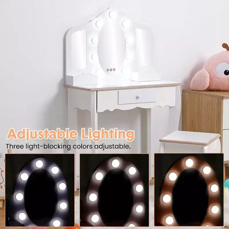 Kids Vanity with Lighted Mirror, Little Girls Vanity Table & Stool with Drawers,Open Storage,Suitable for Little Girls 3 Year Old + Gift