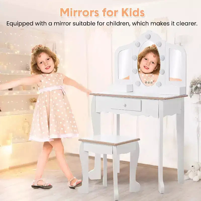Kids Vanity with Lighted Mirror, Little Girls Vanity Table & Stool with Drawers,Open Storage,Suitable for Little Girls 3 Year Old + Gift