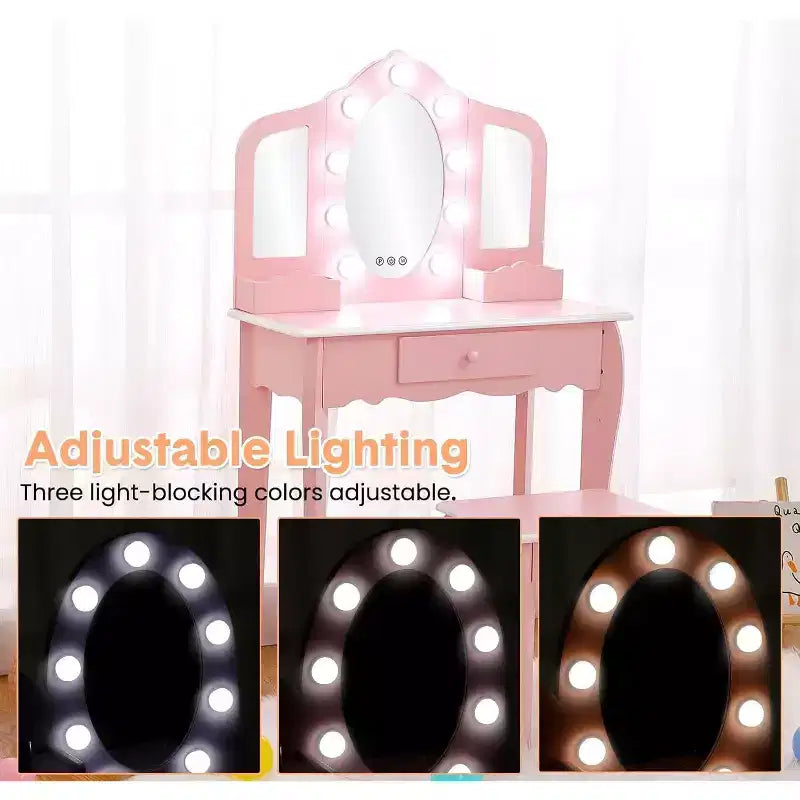 Kids Vanity with Lighted Mirror, Little Girls Vanity Table & Stool with Drawers,Open Storage,Suitable for Little Girls 3 Year Old + Gift