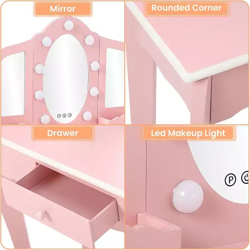 Kids Vanity with Lighted Mirror, Little Girls Vanity Table & Stool with Drawers,Open Storage,Suitable for Little Girls 3 Year Old + Gift