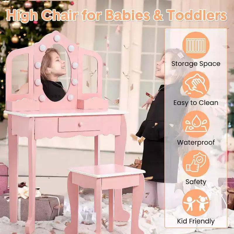 Kids Vanity with Lighted Mirror, Little Girls Vanity Table & Stool with Drawers,Open Storage,Suitable for Little Girls 3 Year Old + Gift