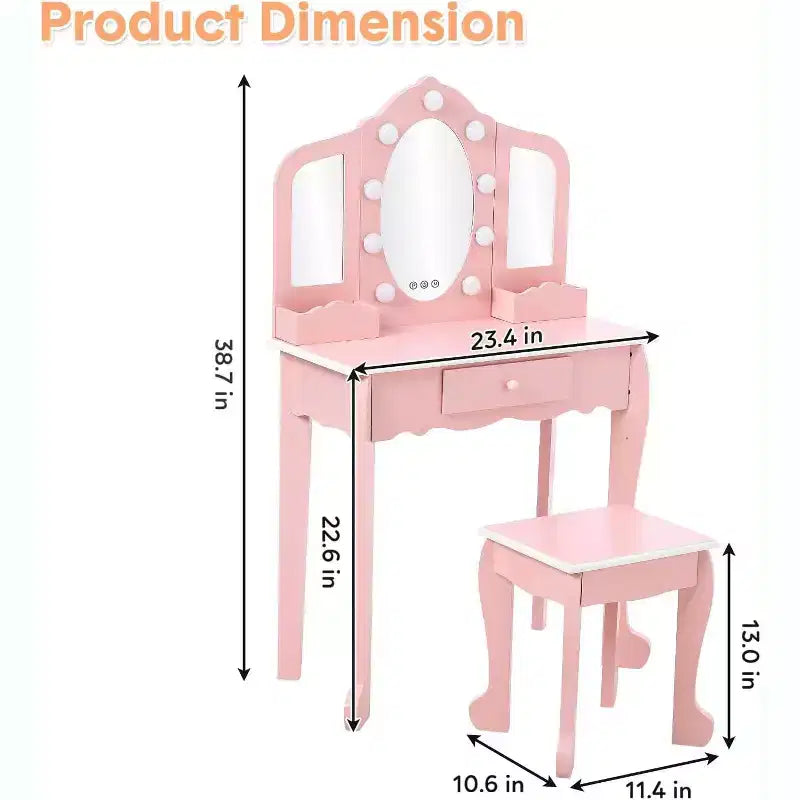 Kids Vanity with Lighted Mirror, Little Girls Vanity Table & Stool with Drawers,Open Storage,Suitable for Little Girls 3 Year Old + Gift