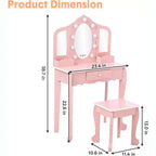 Kids Vanity with Lighted Mirror, Little Girls Vanity Table & Stool with Drawers,Open Storage,Suitable for Little Girls 3 Year Old + Gift