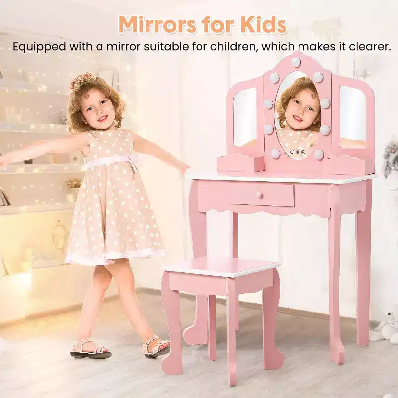 Kids Vanity with Lighted Mirror, Little Girls Vanity Table & Stool with Drawers,Open Storage,Suitable for Little Girls 3 Year Old + Gift
