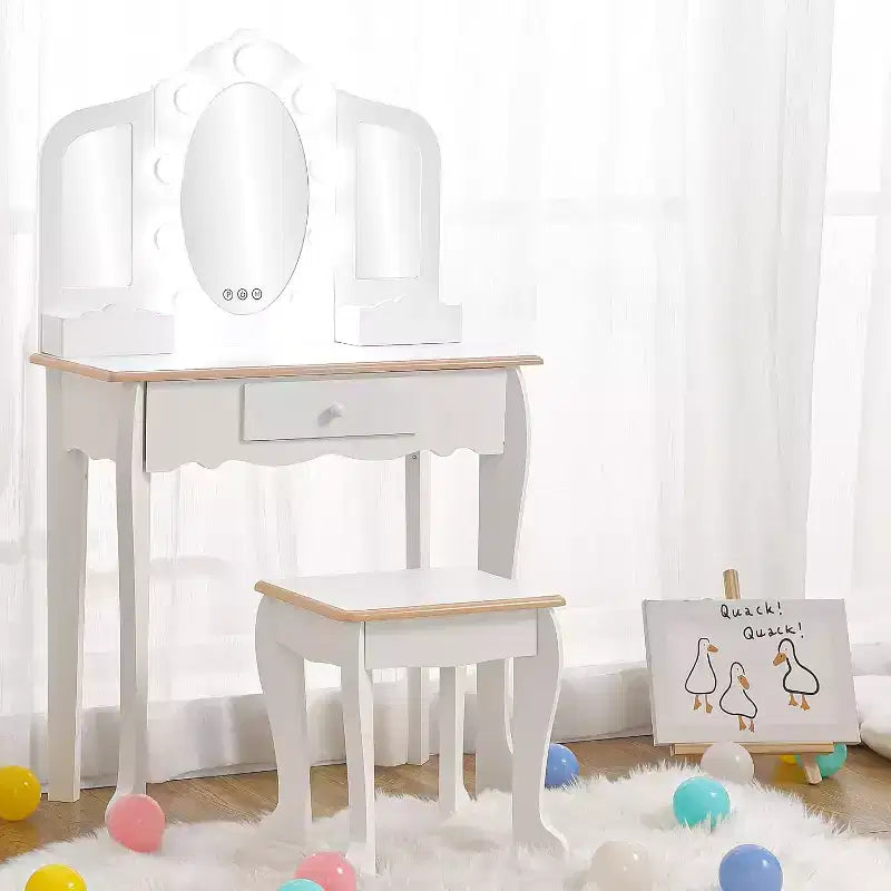 Kids Vanity with Lighted Mirror, Little Girls Vanity Table & Stool with Drawers,Open Storage,Suitable for Little Girls 3 Year Old + Gift