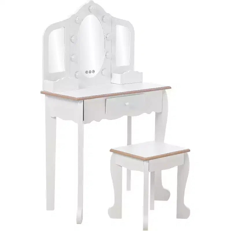 Kids Vanity with Lighted Mirror, Little Girls Vanity Table & Stool with Drawers,Open Storage,Suitable for Little Girls 3 Year Old + Gift