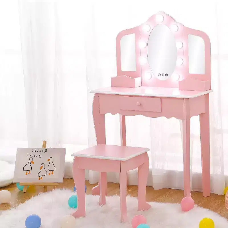 Kids Vanity with Lighted Mirror, Little Girls Vanity Table & Stool with Drawers,Open Storage,Suitable for Little Girls 3 Year Old + Gift