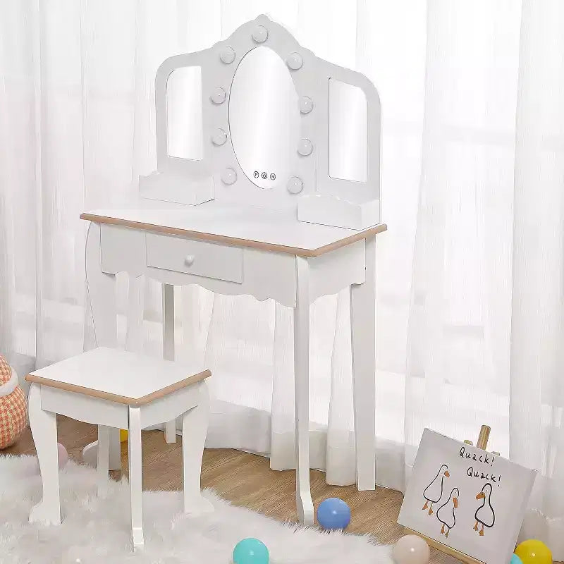 Kids Vanity with Lighted Mirror, Little Girls Vanity Table & Stool with Drawers,Open Storage,Suitable for Little Girls 3 Year Old + Gift