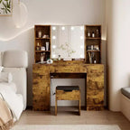 Modern Vanity Desk Table With Mirror and Lights,Built-in Power Outlet with Drawers & Cabinets,Open Storage,Vanity Table With Stool for Bedroom