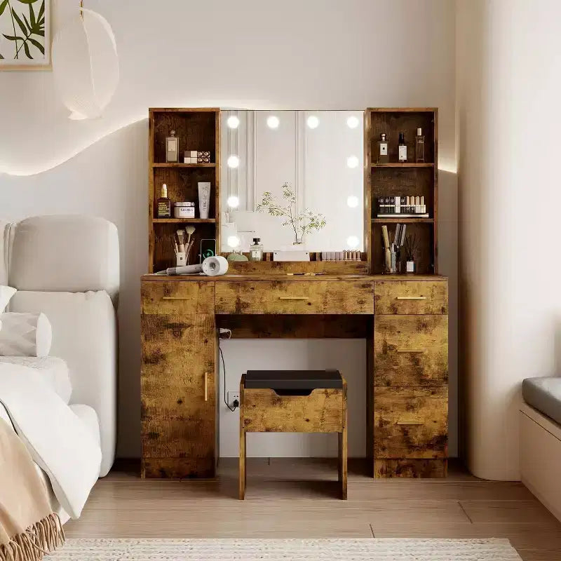 Modern Vanity Desk Table With Mirror and Lights,Built-in Power Outlet with Drawers & Cabinets,Open Storage,Vanity Table With Stool for Bedroom