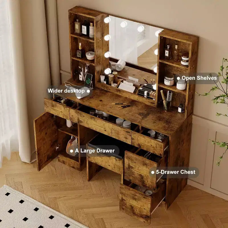 Modern Vanity Desk Table With Mirror and Lights,Built-in Power Outlet with Drawers & Cabinets,Open Storage,Vanity Table With Stool for Bedroom