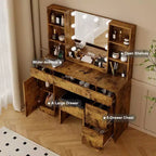 Modern Vanity Desk Table With Mirror and Lights,Built-in Power Outlet with Drawers & Cabinets,Open Storage,Vanity Table With Stool for Bedroom