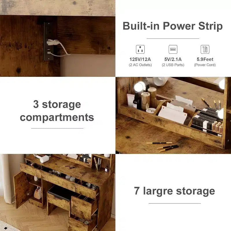 Modern Vanity Desk Table With Mirror and Lights,Built-in Power Outlet with Drawers & Cabinets,Open Storage,Vanity Table With Stool for Bedroom