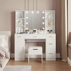 Modern Vanity Desk Table With Mirror and Lights,Built-in Power Outlet with Drawers & Cabinets,Open Storage,Vanity Table With Stool for Bedroom