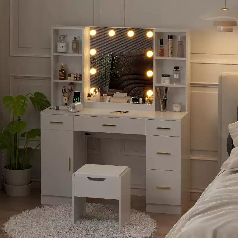 Modern Vanity Desk Table With Mirror and Lights,Built-in Power Outlet with Drawers & Cabinets,Open Storage,Vanity Table With Stool for Bedroom