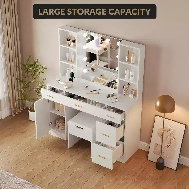 Modern Vanity Desk Table With Mirror and Lights,Built-in Power Outlet with Drawers & Cabinets,Open Storage,Vanity Table With Stool for Bedroom