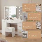 Modern Vanity Desk Table With Mirror and Lights,Built-in Power Outlet with Drawers & Cabinets,Open Storage,Vanity Table With Stool for Bedroom