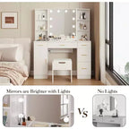 Modern Vanity Desk Table With Mirror and Lights,Built-in Power Outlet with Drawers & Cabinets,Open Storage,Vanity Table With Stool for Bedroom