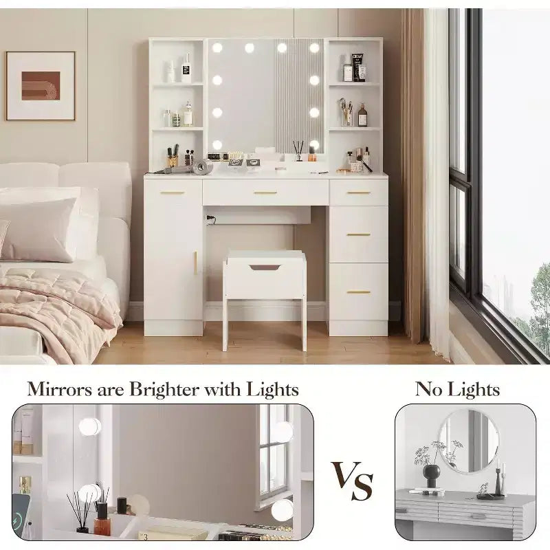 Modern Vanity Desk Table With Mirror and Lights,Built-in Power Outlet with Drawers & Cabinets,Open Storage,Vanity Table With Stool for Bedroom