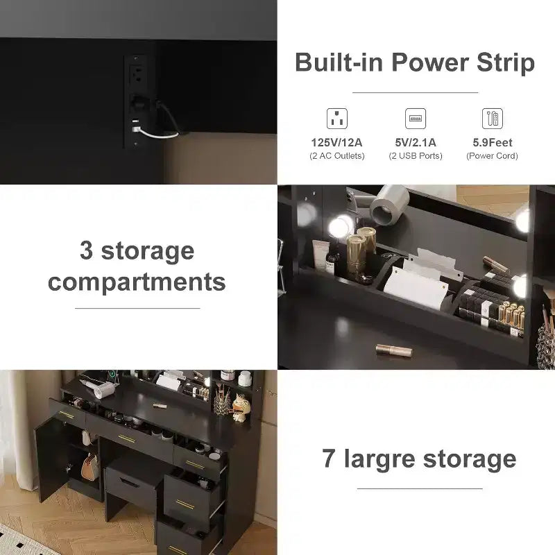 Modern Vanity Desk Table With Mirror and Lights,Built-in Power Outlet with Drawers & Cabinets,Open Storage,Vanity Table With Stool for Bedroom