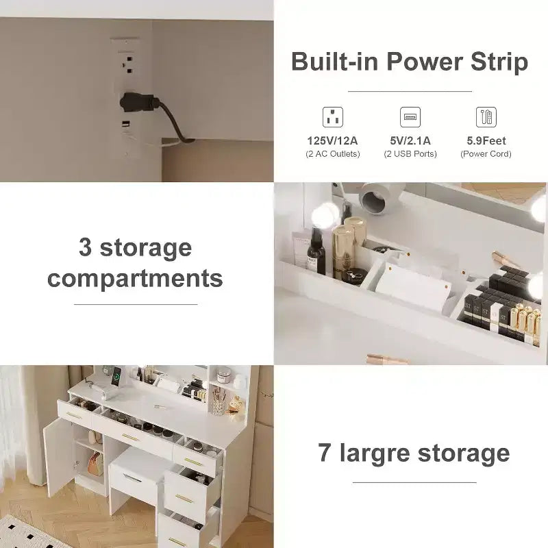 Modern Vanity Desk Table With Mirror and Lights,Built-in Power Outlet with Drawers & Cabinets,Open Storage,Vanity Table With Stool for Bedroom