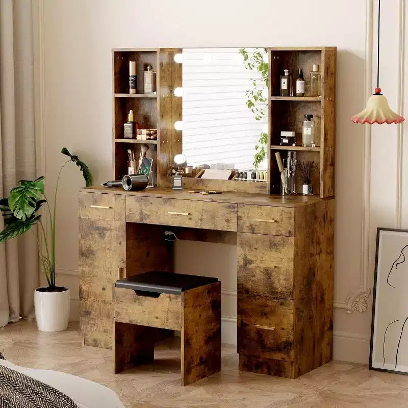 Modern Vanity Desk Table With Mirror and Lights,Built-in Power Outlet with Drawers & Cabinets,Open Storage,Vanity Table With Stool for Bedroom