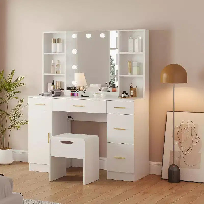 Modern Vanity Desk Table With Mirror and Lights,Built-in Power Outlet with Drawers & Cabinets,Open Storage,Vanity Table With Stool for Bedroom