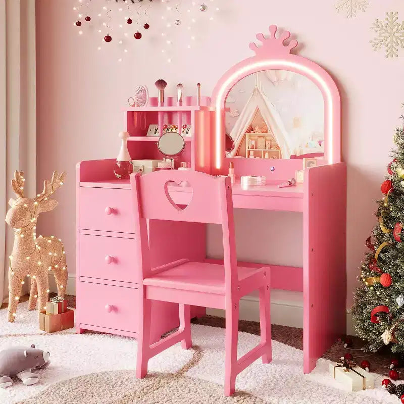 Kids Vanity Table Set, Girls Vanity Set with Mirror and Stool and Lights, Toddler Vanity Table and Chair Set with Jewelry Storage Makeup Desk
