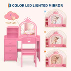 Kids Vanity Table Set, Girls Vanity Set with Mirror and Stool and Lights, Toddler Vanity Table and Chair Set with Jewelry Storage Makeup Desk