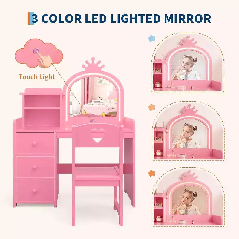 Kids Vanity Table Set, Girls Vanity Set with Mirror and Stool and Lights, Toddler Vanity Table and Chair Set with Jewelry Storage Makeup Desk