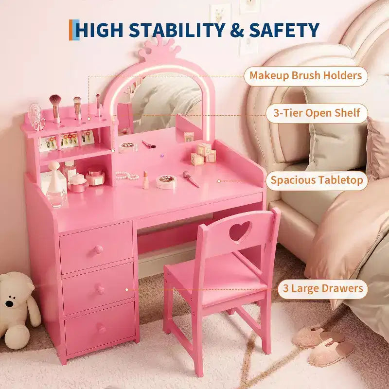 Kids Vanity Table Set, Girls Vanity Set with Mirror and Stool and Lights, Toddler Vanity Table and Chair Set with Jewelry Storage Makeup Desk