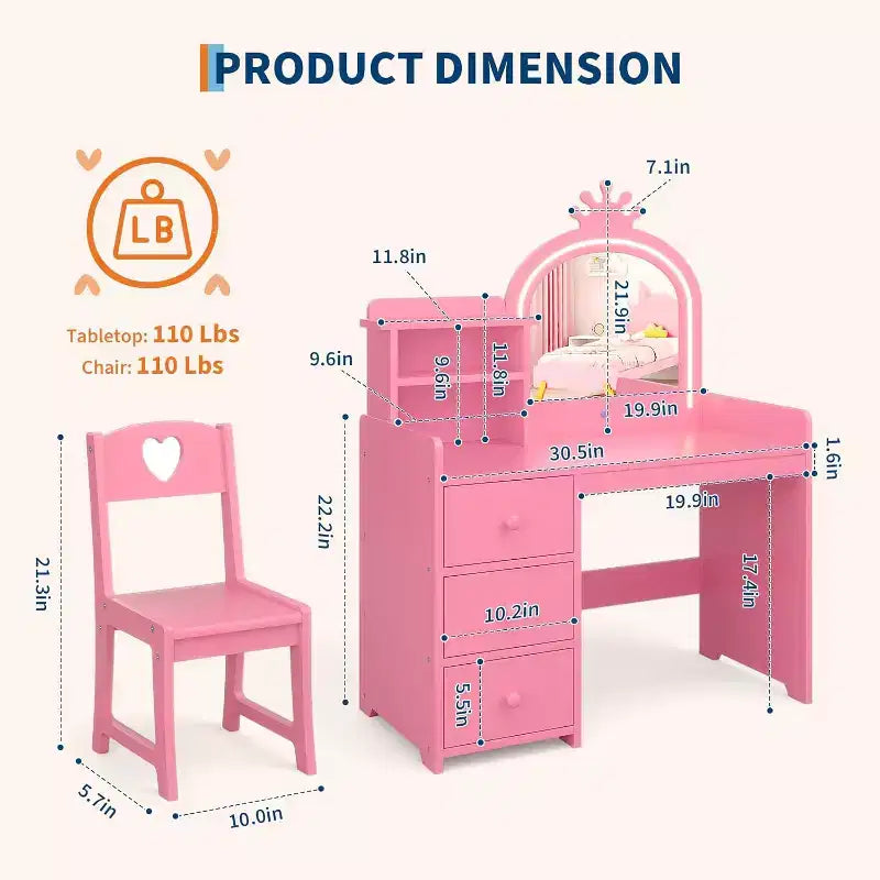 Kids Vanity Table Set, Girls Vanity Set with Mirror and Stool and Lights, Toddler Vanity Table and Chair Set with Jewelry Storage Makeup Desk