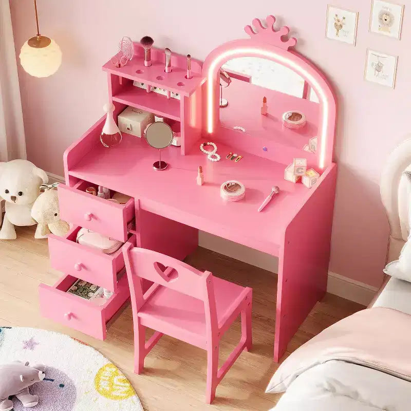 Kids Vanity Table Set, Girls Vanity Set with Mirror and Stool and Lights, Toddler Vanity Table and Chair Set with Jewelry Storage Makeup Desk
