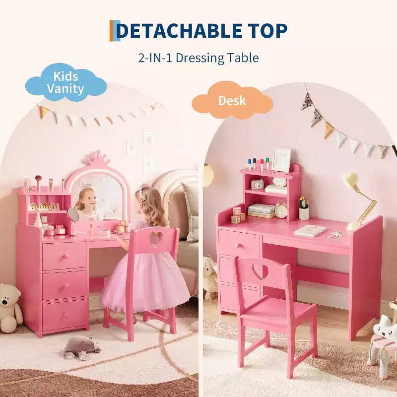 Kids Vanity Table Set, Girls Vanity Set with Mirror and Stool and Lights, Toddler Vanity Table and Chair Set with Jewelry Storage Makeup Desk