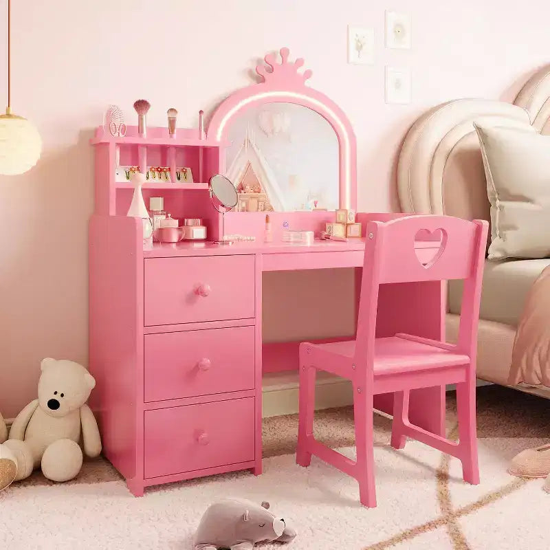 Kids Vanity Table Set, Girls Vanity Set with Mirror and Stool and Lights, Toddler Vanity Table and Chair Set with Jewelry Storage Makeup Desk