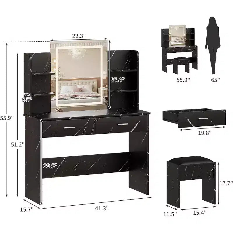 Makeup Vanity Desk with Mirror, Modern Vanity Set with Storage Drawers and Stool, Large Dressing Table for Bedroom, Cloakroom, Dressing room