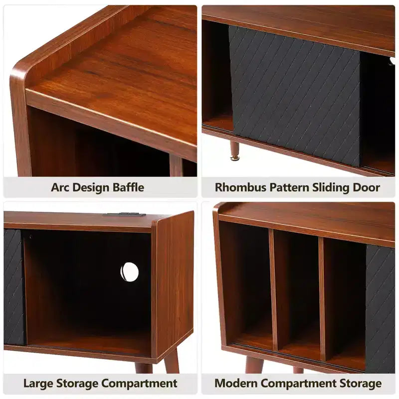Record Player Stand with Vinyl Storage, Record Player Table Holds Up to 300 Albums, Turntable Stand with Charging Station, CD Storage Cabinet