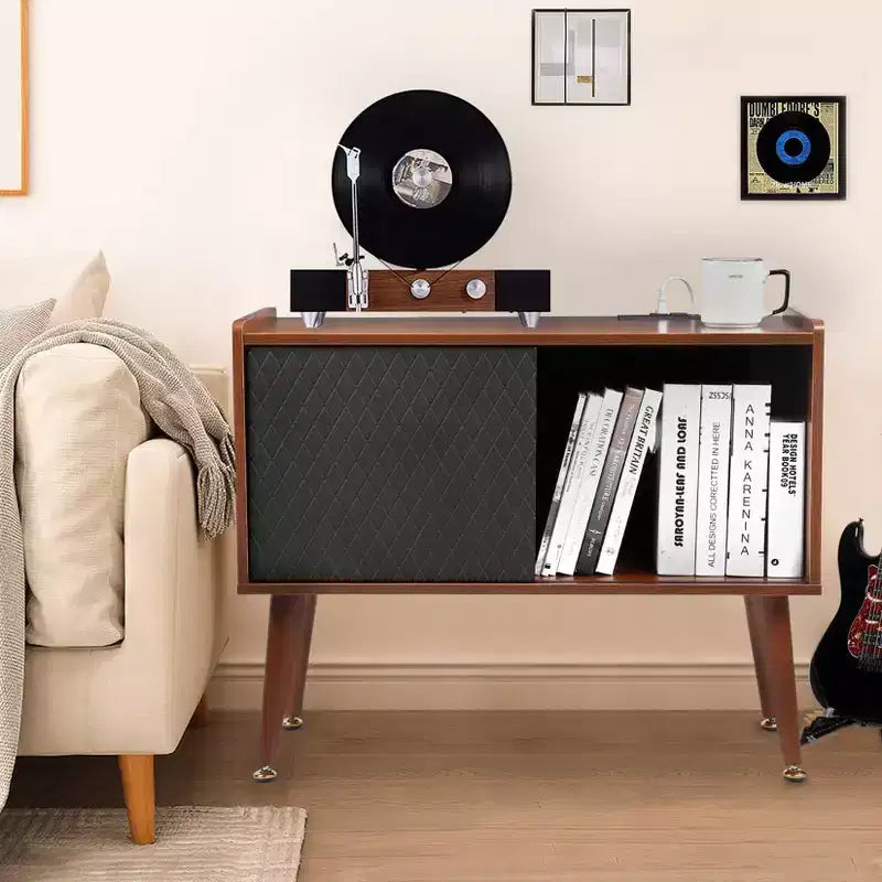 Record Player Stand with Vinyl Storage, Record Player Table Holds Up to 300 Albums, Turntable Stand with Charging Station, CD Storage Cabinet