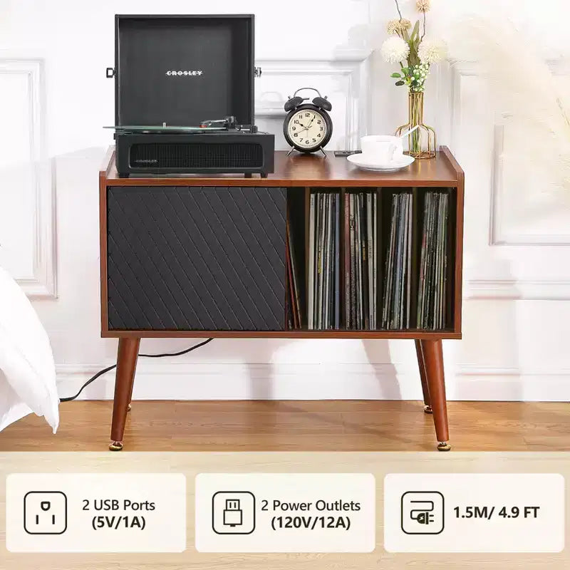 Record Player Stand with Vinyl Storage, Record Player Table Holds Up to 300 Albums, Turntable Stand with Charging Station, CD Storage Cabinet