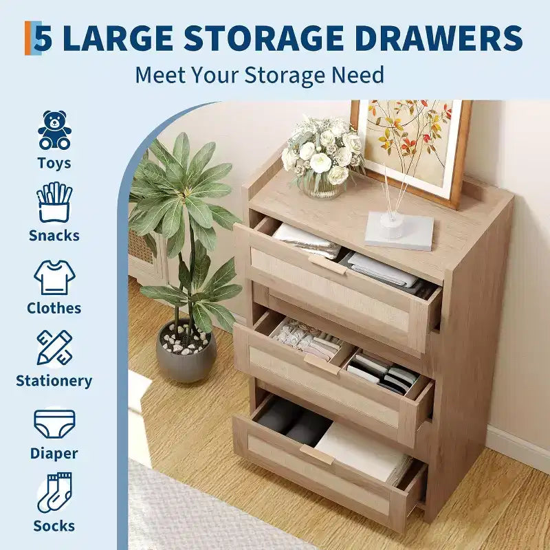 5 Drawer Dresser for Bedroom, Wooden Entryway Rattan Chest of Drawers Large Clothes Storage Cabinet Boho Night Stand